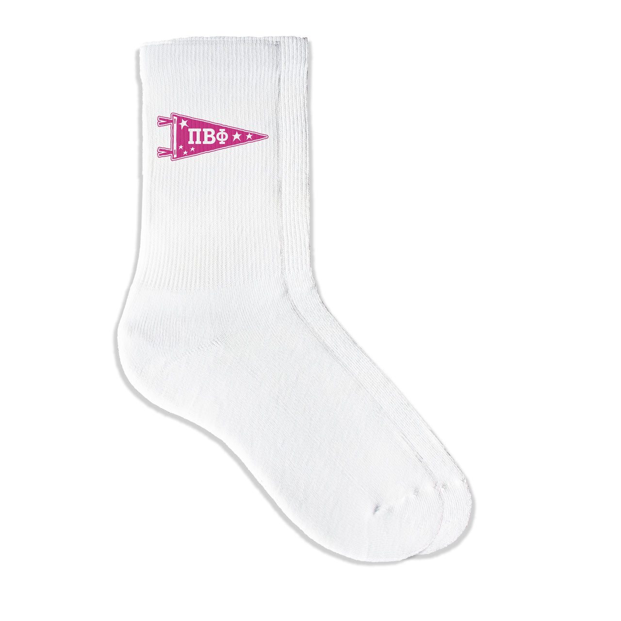 Pi Beta Phi collegiate pennant crew socks featuring Pi Beta Phi Greek letters on white sporty crew socks