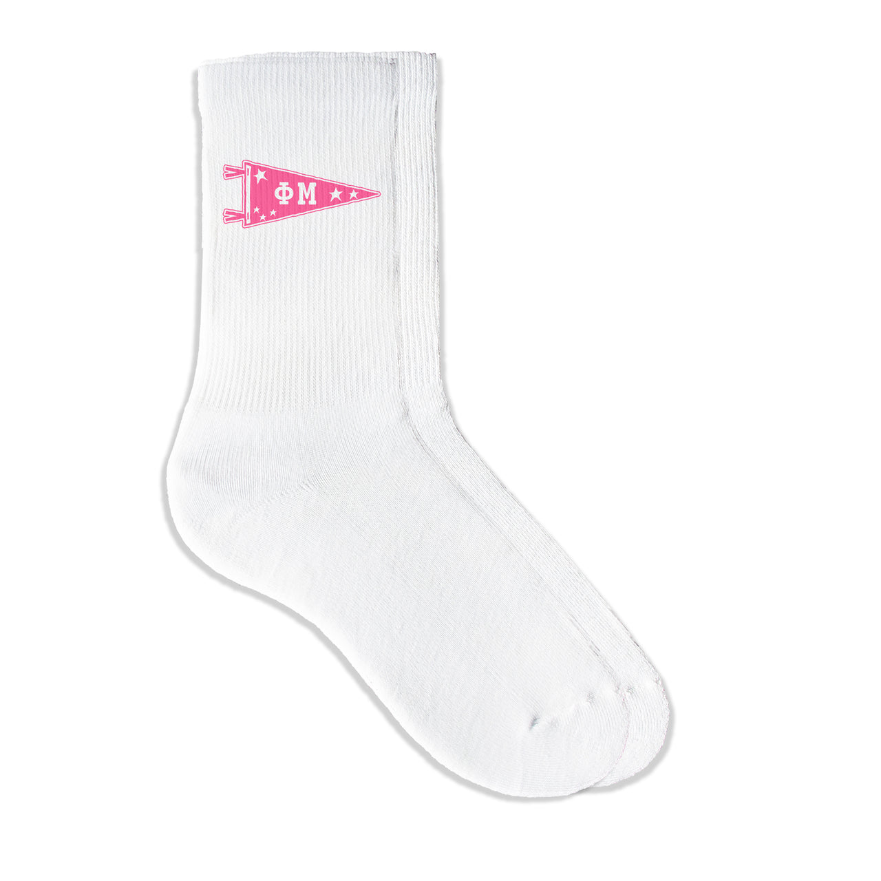 Phi Mu collegiate pennant crew socks featuring Phi Mu Greek letters on white sporty crew socks