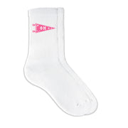 Phi Mu collegiate pennant crew socks featuring Phi Mu Greek letters on white sporty crew socks