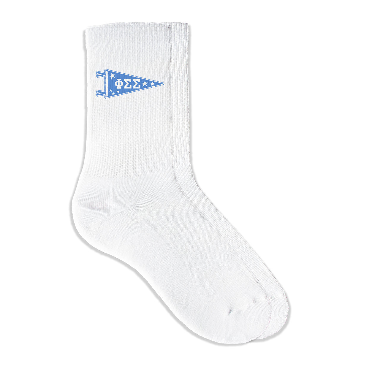 Phi Sigma Sigma collegiate pennant crew socks featuring Phi Sigma Sigma Greek letters on white sporty crew socks