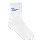 Phi Sigma Sigma collegiate pennant crew socks featuring Phi Sigma Sigma Greek letters on white sporty crew socks