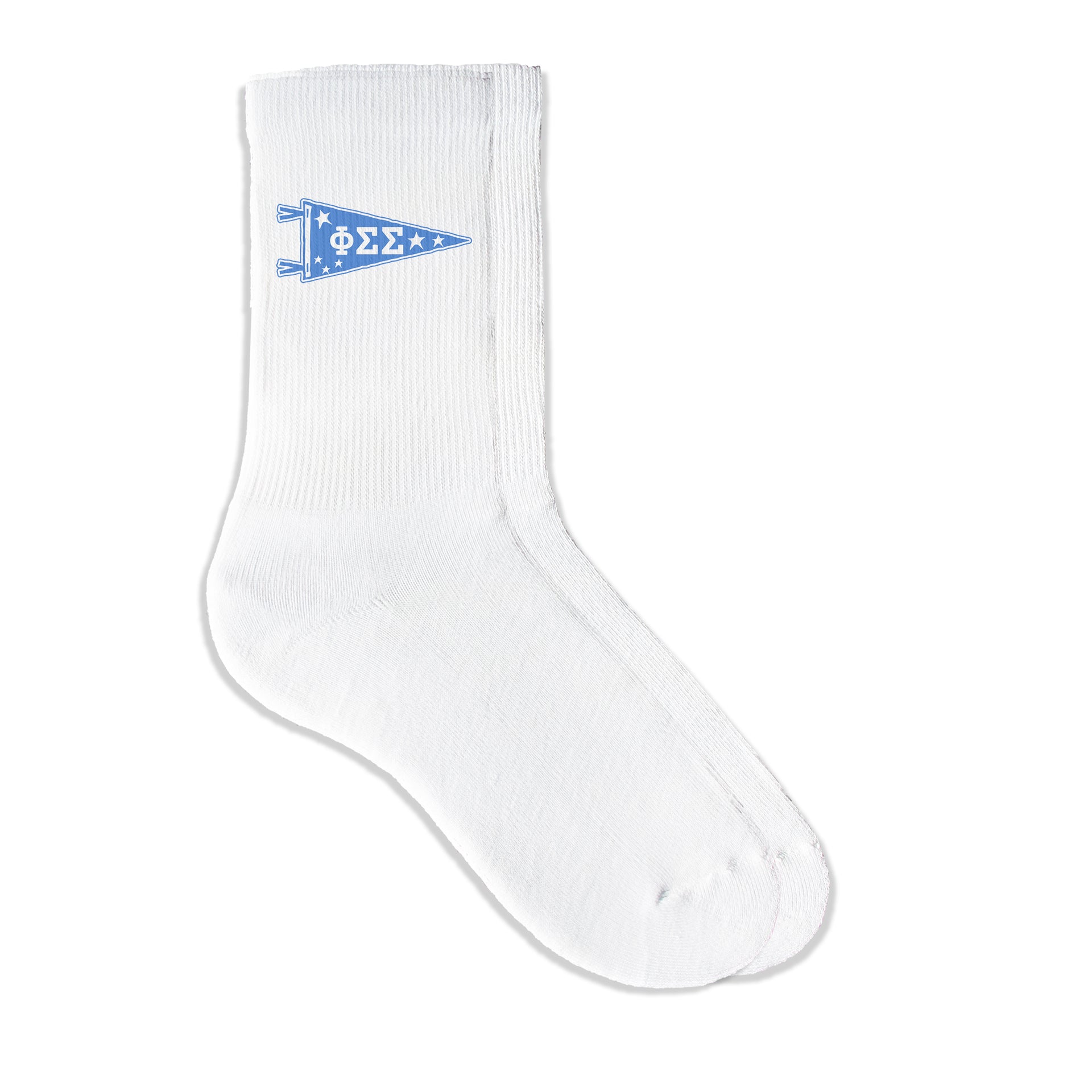Phi Sigma Sigma collegiate pennant crew socks featuring Phi Sigma Sigma Greek letters on white sporty crew socks