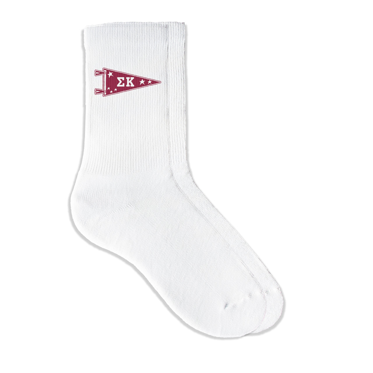 Sigma Kappa collegiate pennant crew socks featuring Sigma Kappa Greek letters on white sporty crew socks