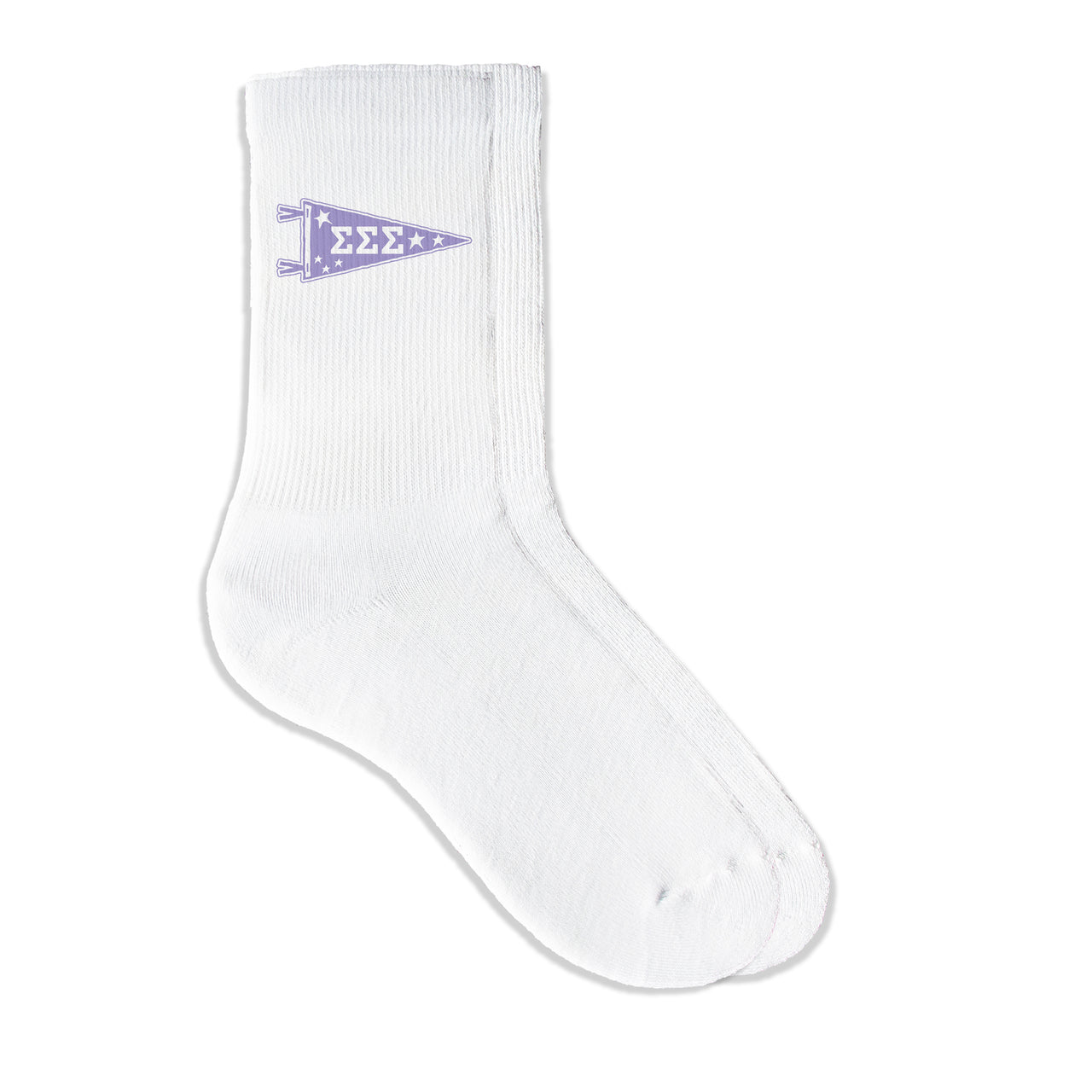 Sigma Sigma Sigma collegiate pennant crew socks featuring Sigma Sigma Sigma Greek letters on white sporty crew socks