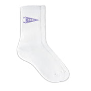 Sigma Sigma Sigma collegiate pennant crew socks featuring Sigma Sigma Sigma Greek letters on white sporty crew socks