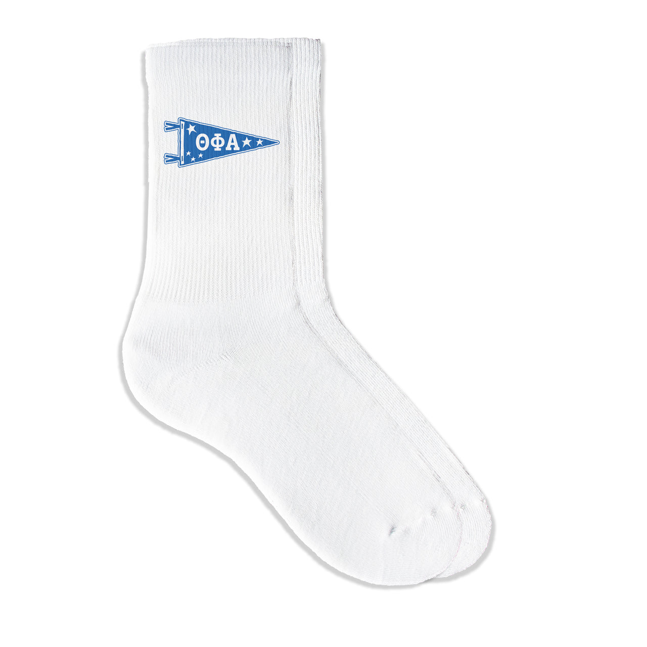 Theta Phi Alpha collegiate pennant crew socks featuring Theta Phi Alpha Greek letters on white sporty crew socks