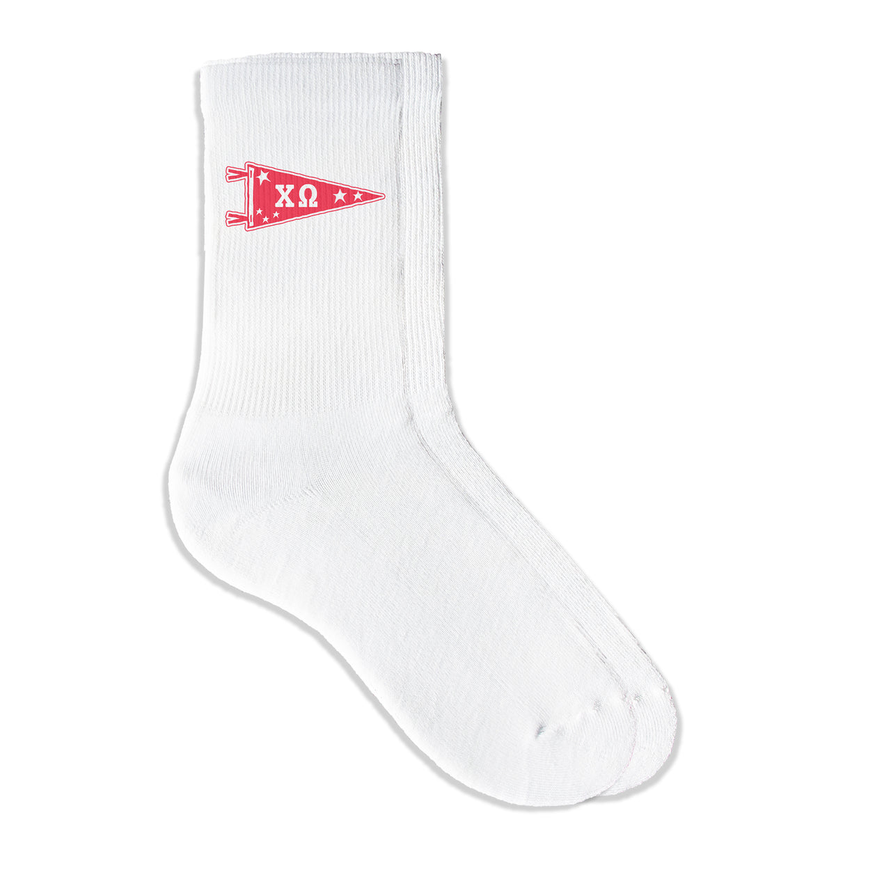 Chi Omega collegiate pennant crew socks featuring Chi Omega Greek letters on white sporty crew socks
