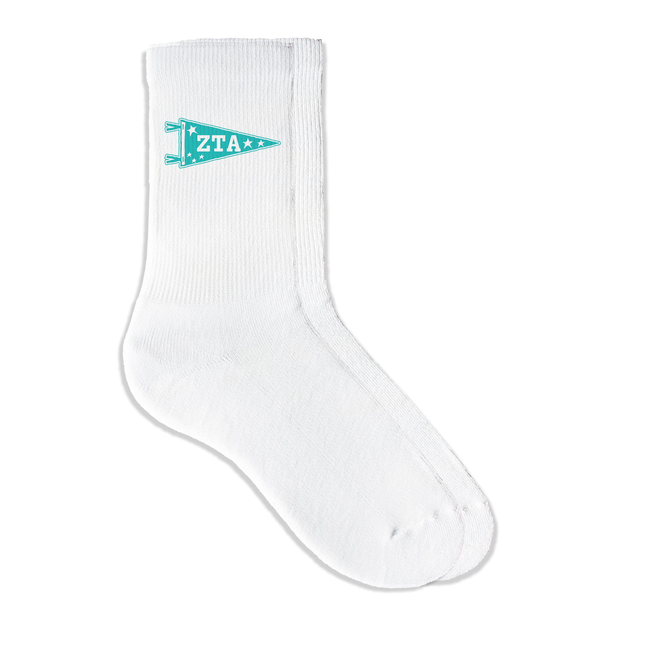 Zeta Tau Alpha collegiate pennant crew socks featuring ZTA Greek letters on white sporty crew socks