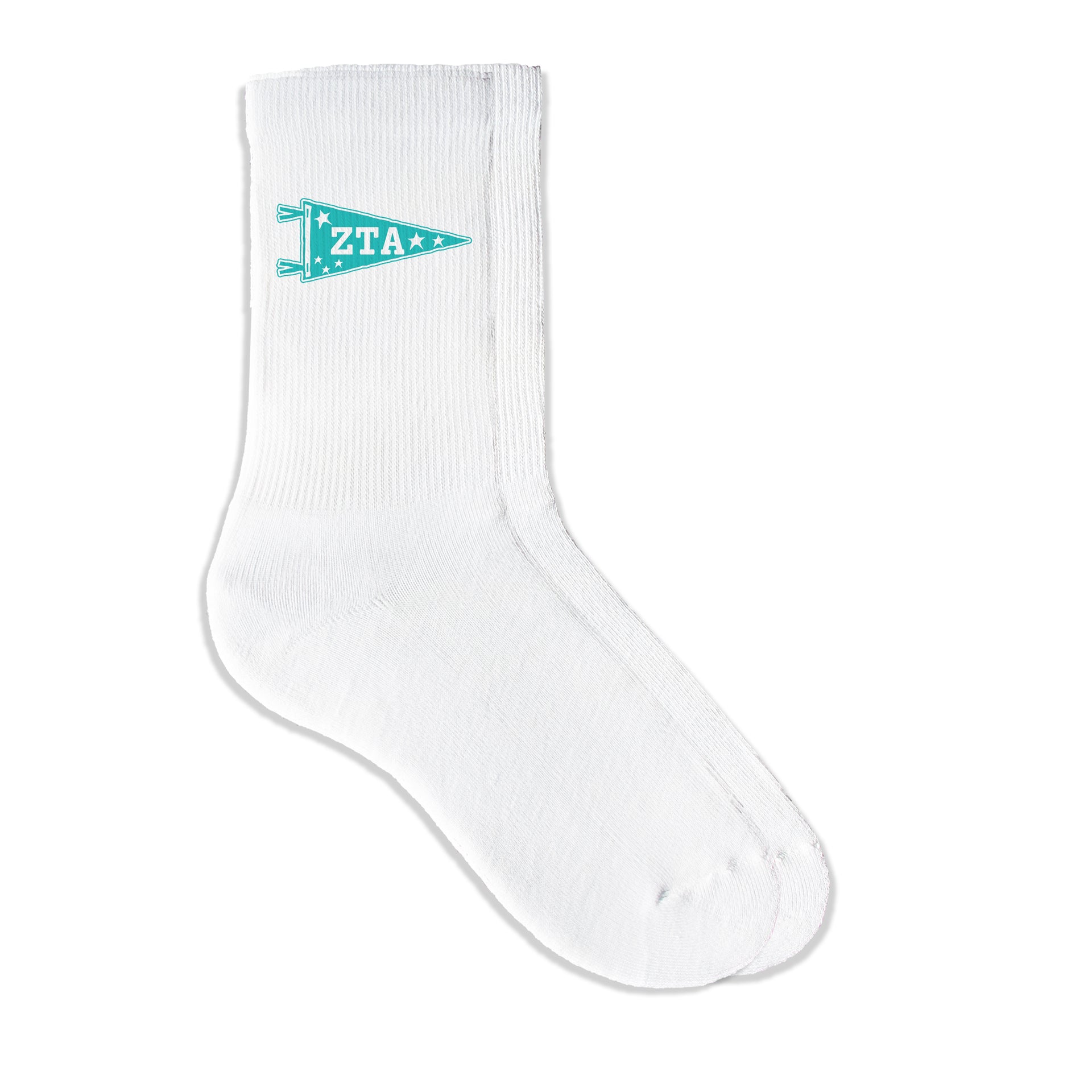 Zeta Tau Alpha collegiate pennant crew socks featuring ZTA Greek letters on white sporty crew socks