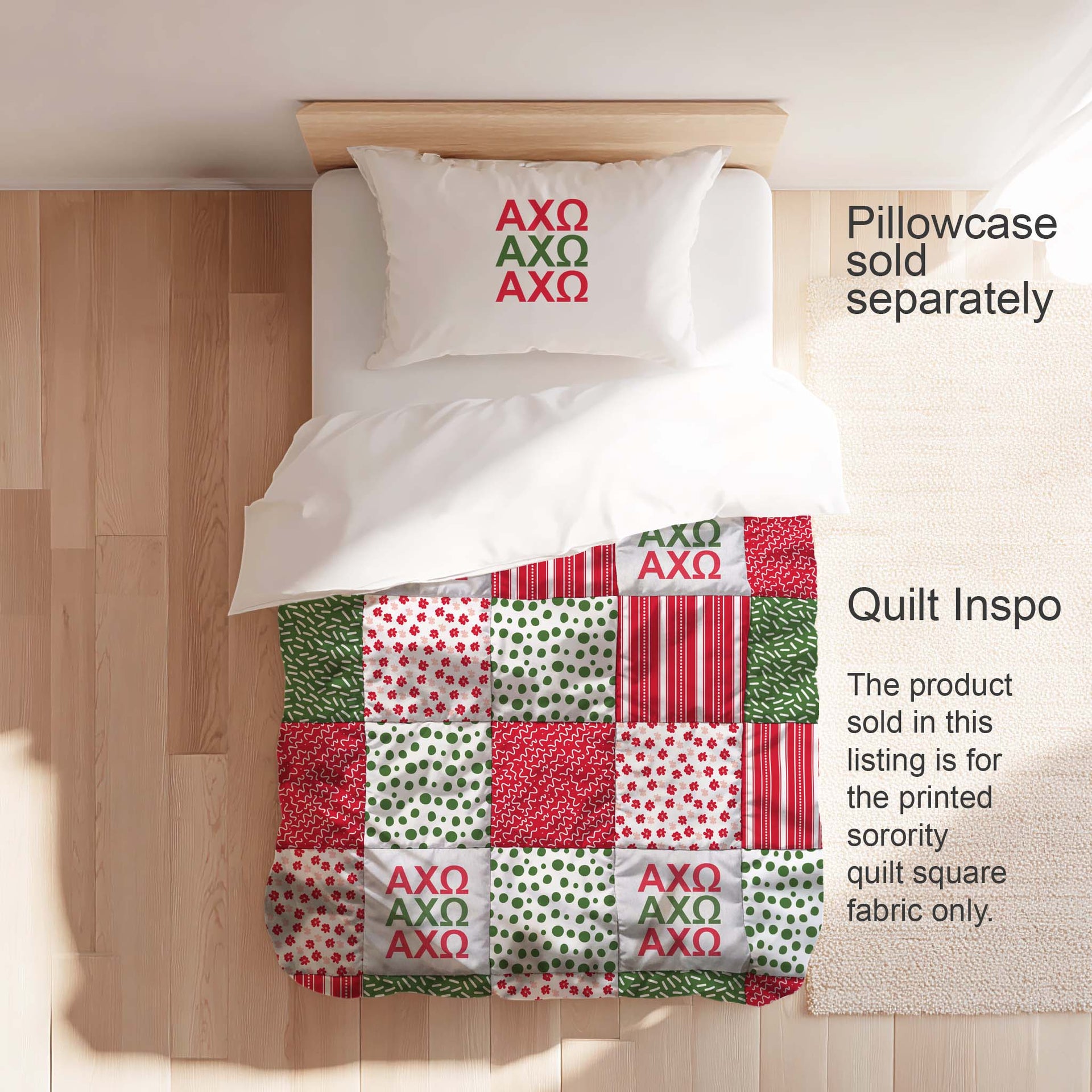 Chi Omega quilt bedding display for quilting inspiration.