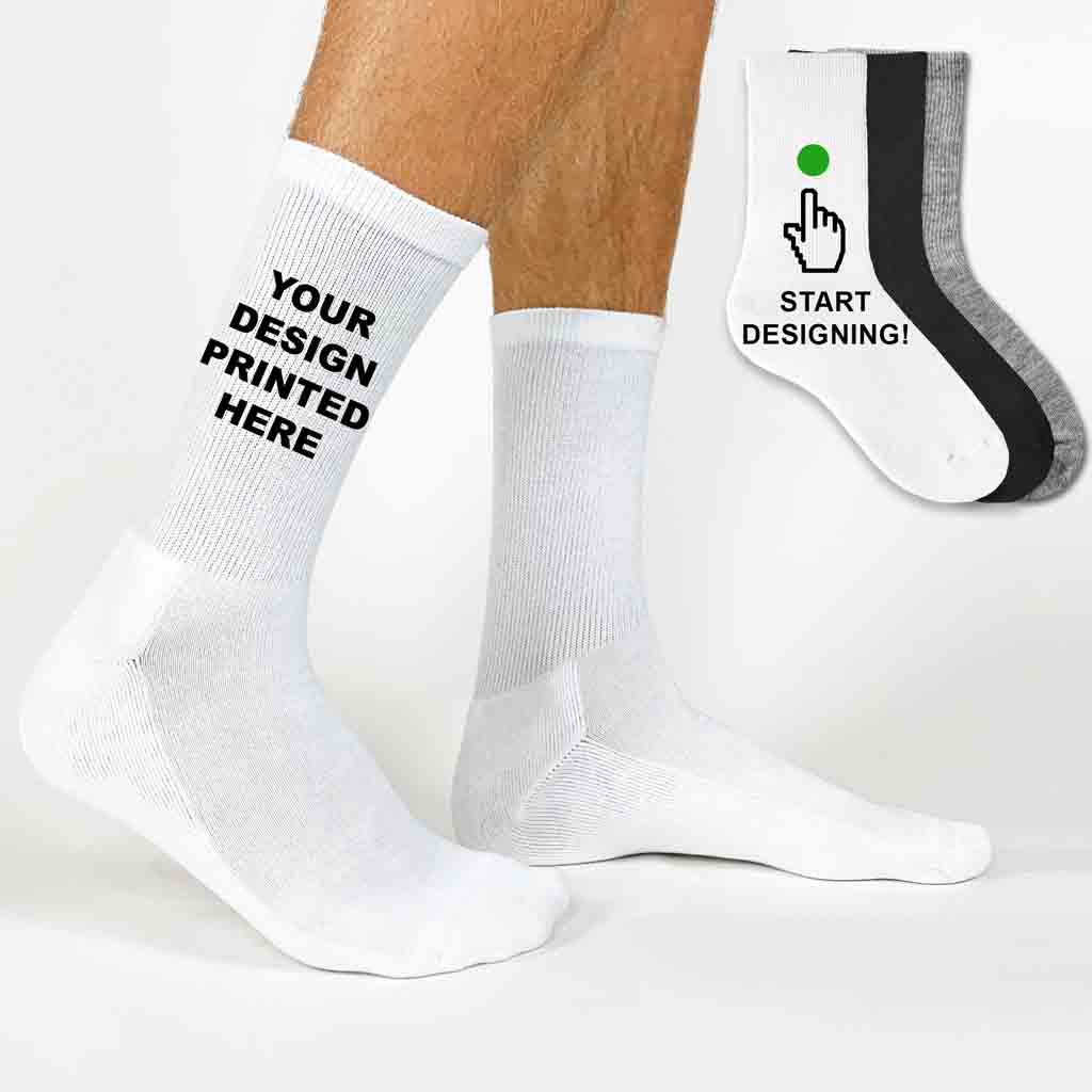 Customizable unisex crew socks available in white, black, and heather gray, shown in sizes medium, large, and x-large—perfect for adding your own photos, text, logos, or custom designs on sockprints.com.
