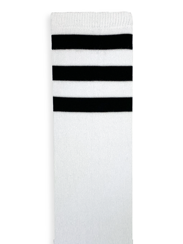 Customizable white knee high socks with three black stripes.
