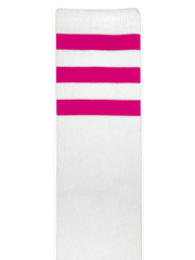 Customizable white knee high socks with three fuchsia stripes.