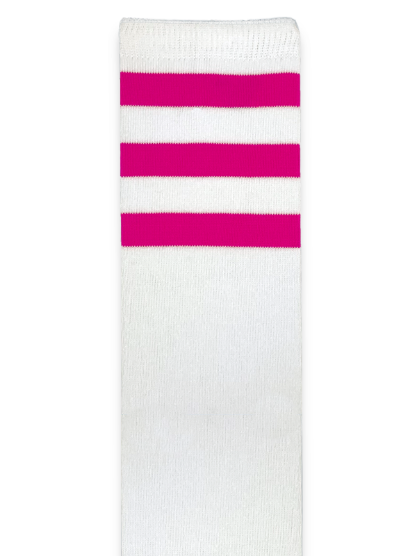 Customizable white knee high socks with three fuchsia stripes.
