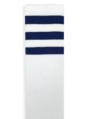 Customizable white knee high socks with three navy stripes.