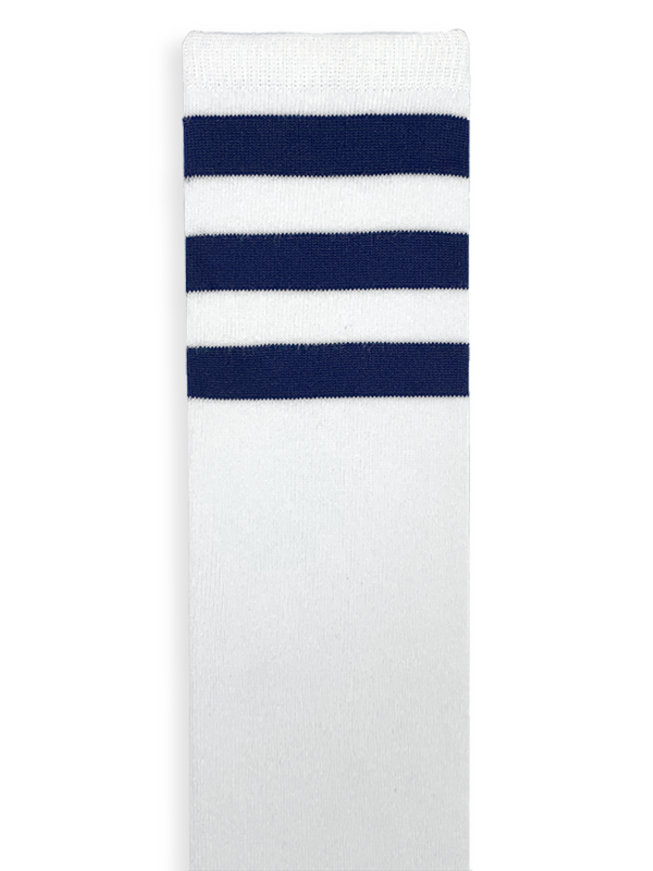 Customizable white knee high socks with three navy stripes.