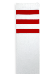 Customizable white knee high socks with three red stripes.