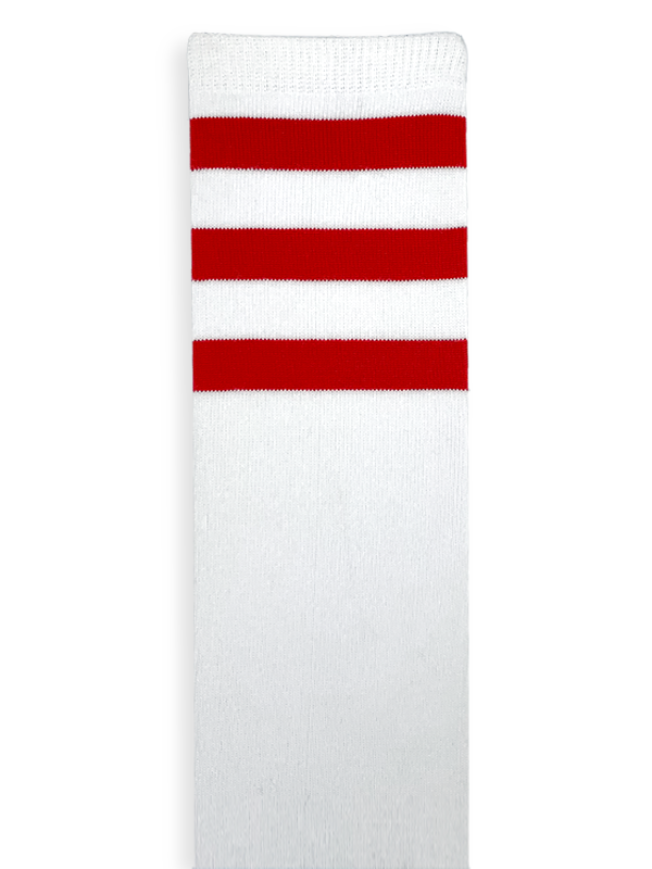 Customizable white knee high socks with three red stripes.