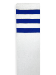 Customizable white knee high socks with three royal blue stripes.
