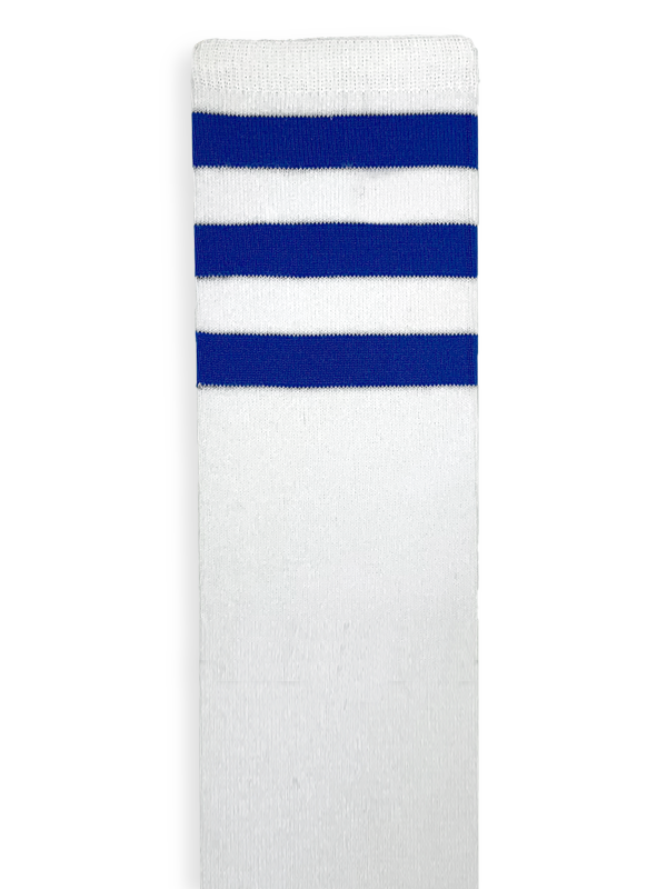 Customizable white knee high socks with three royal blue stripes.