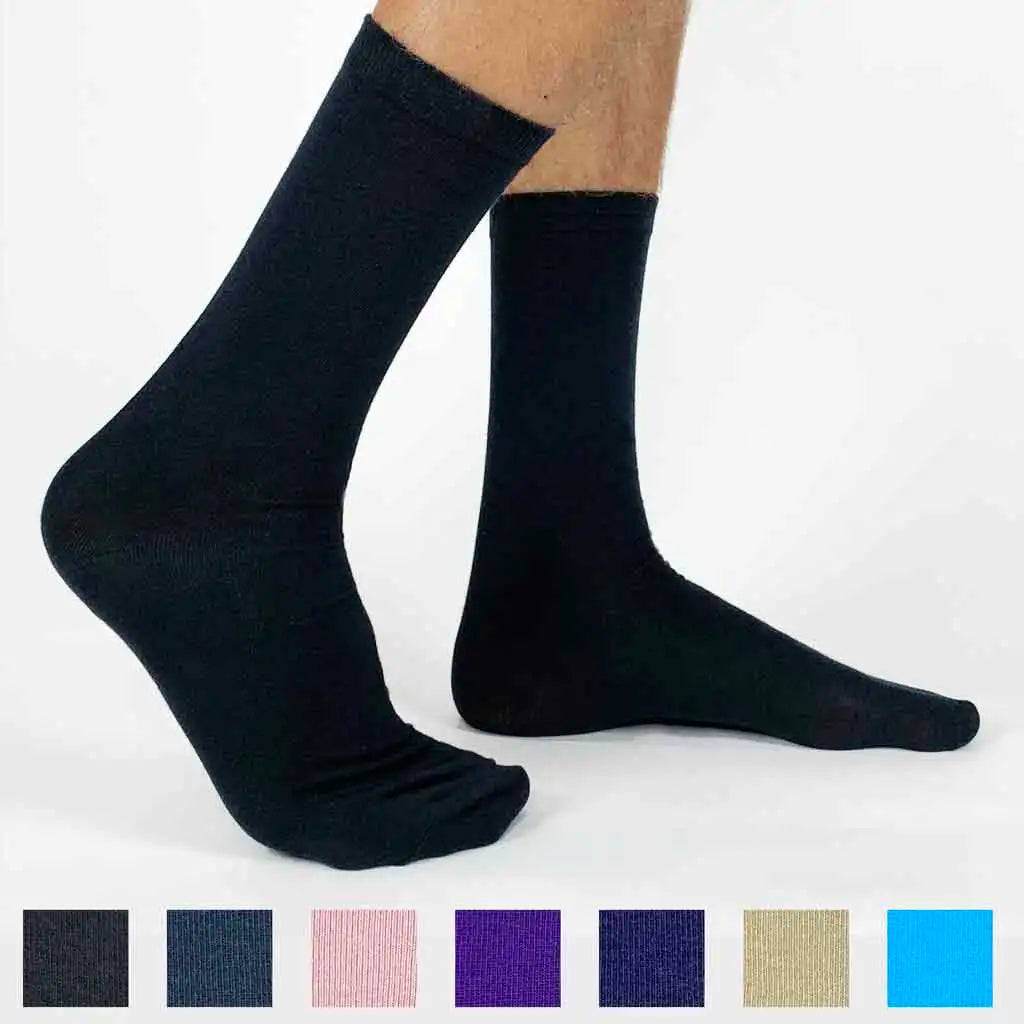 Flat knit dress socks options of available color and sizes for custom printing.