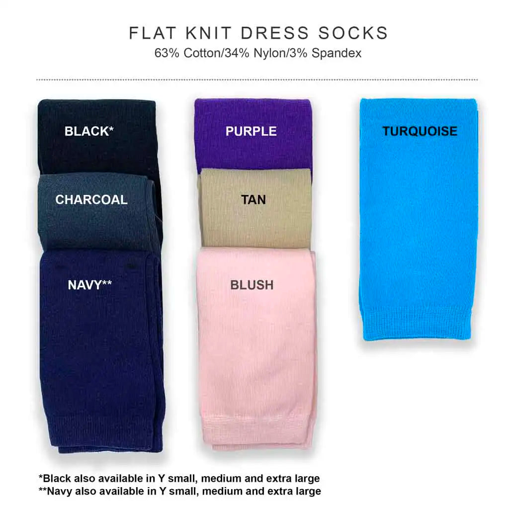 Flat knit dress socks options of available color and sizes for custom printing.