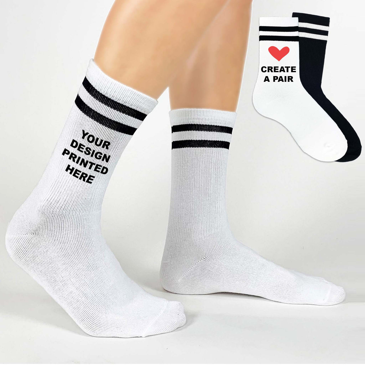 Customizable socks with black stripes. Perfect for photos, logos, designs and more. Size medium.