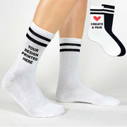 Customizable socks with black stripes. Perfect for photos, logos, designs and more. Size medium.