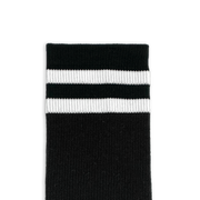 Black crew socks with white stripes for personalization with logos, designs and photos.