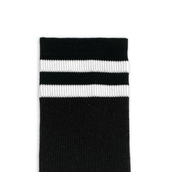 Black crew socks with white stripes for personalization with logos, designs and photos.