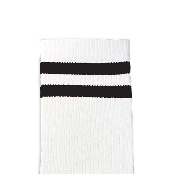 White crew socks with black stripes for personalization with logos, designs and photos.