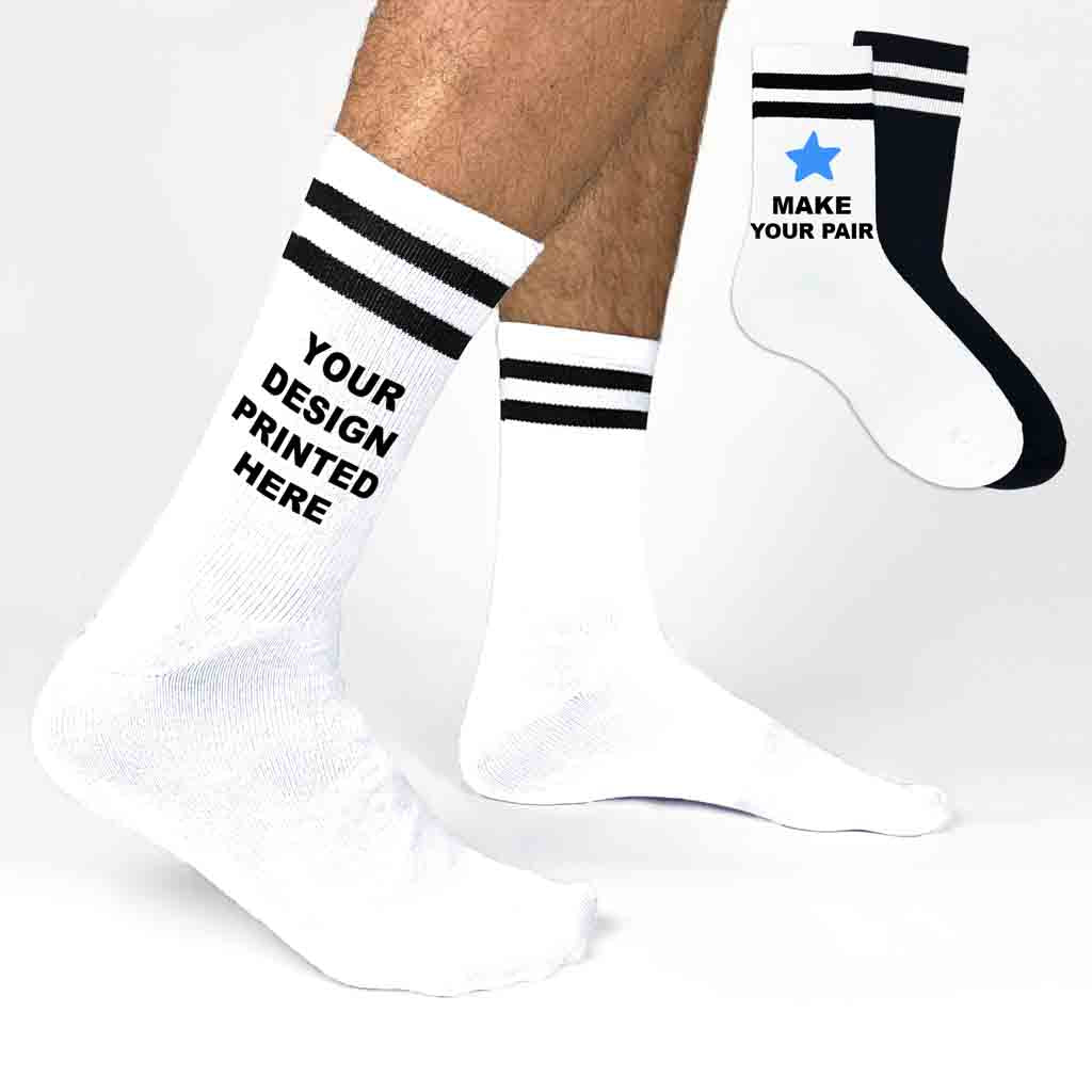 Personalized size large crew socks with black stripes, ideal for custom images, logos, or messages.
