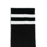 Custom black crew socks with white stripes, designed for personalization with logos, photos, or custom artwork—ideal for gifts, events, or team wear.