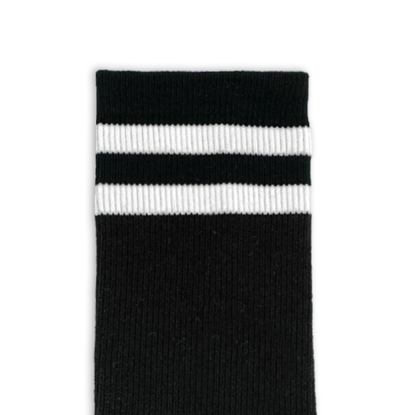 Custom black crew socks with white stripes, designed for personalization with logos, photos, or custom artwork—ideal for gifts, events, or team wear.