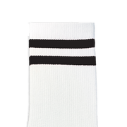 Customizable white crew socks with black stripes, ready for adding your own design, logo, or photo—perfect for personalized gifts or team apparel.