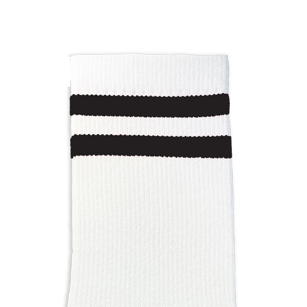 Customizable white crew socks with black stripes, ready for adding your own design, logo, or photo—perfect for personalized gifts or team apparel.