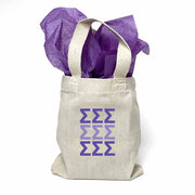 Sorority greek letters printed in sorority colors on natural canvas mini tote gift bag.