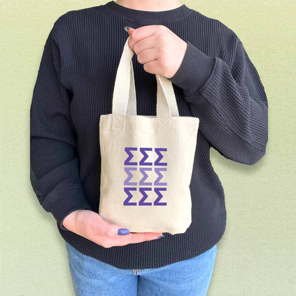 Tri Sigma sorority letters in sorority colors digitally printed on the perfect mini size natural canvas tote bag.