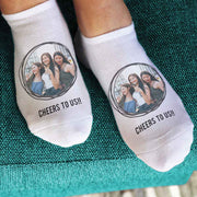 White cotton no show socks custom printed with circle frame design personalized with your photo and text.