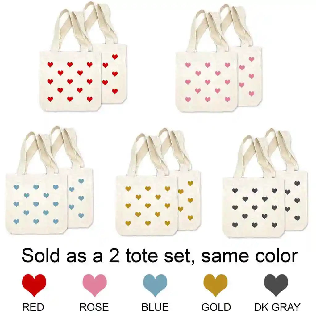 Set of two mini tote gift bags digitally printed with valentine hearts.