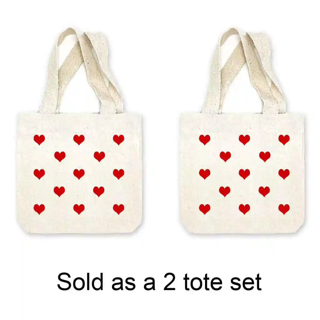 Set of two mini tote gift bags digitally printed with valentine hearts.