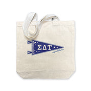 Sigma Delta Tau collegiate pennant medium size canvas tote bag featuring Sigma Delta Tau Greek letters on a white background