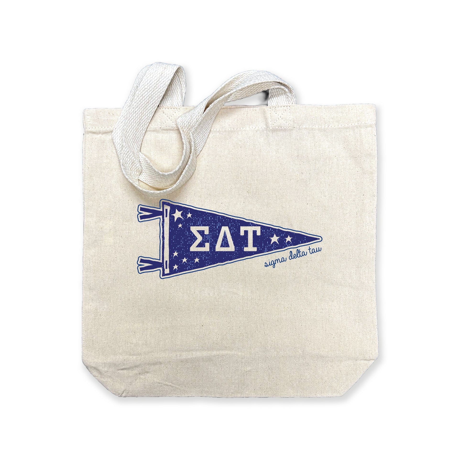 Sigma Delta Tau collegiate pennant medium size canvas tote bag featuring Sigma Delta Tau Greek letters on a white background