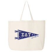 Sigma Delta Tau collegiate pennant large canvas tote bag featuring Sigma Delta Tau Greek letters on a white background