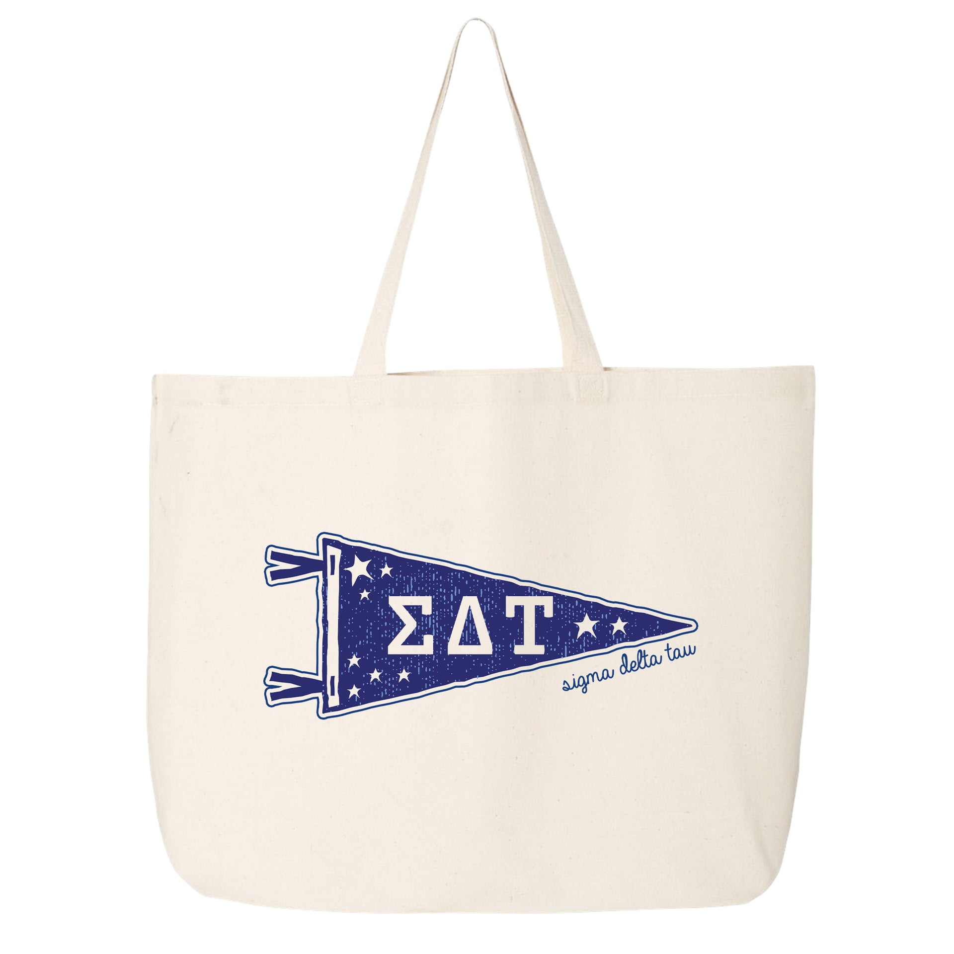 Sigma Delta Tau collegiate pennant large canvas tote bag featuring Sigma Delta Tau Greek letters on a white background