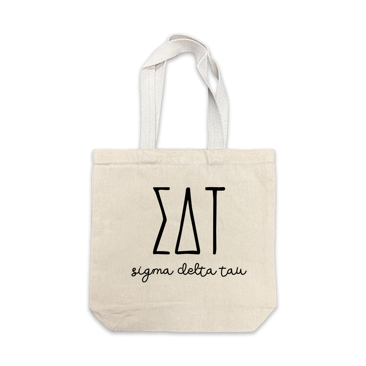 Sigma Delta Tau small canvas tote bag featuring striped Sigma Delta Tau Greek letters on a white background