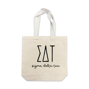 Sigma Delta Tau small canvas tote bag featuring striped Sigma Delta Tau Greek letters on a white background