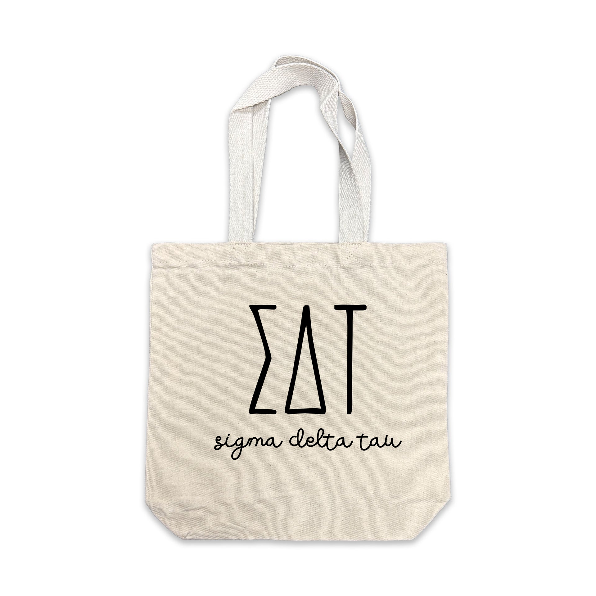 Sigma Delta Tau small canvas tote bag featuring striped Sigma Delta Tau Greek letters on a white background