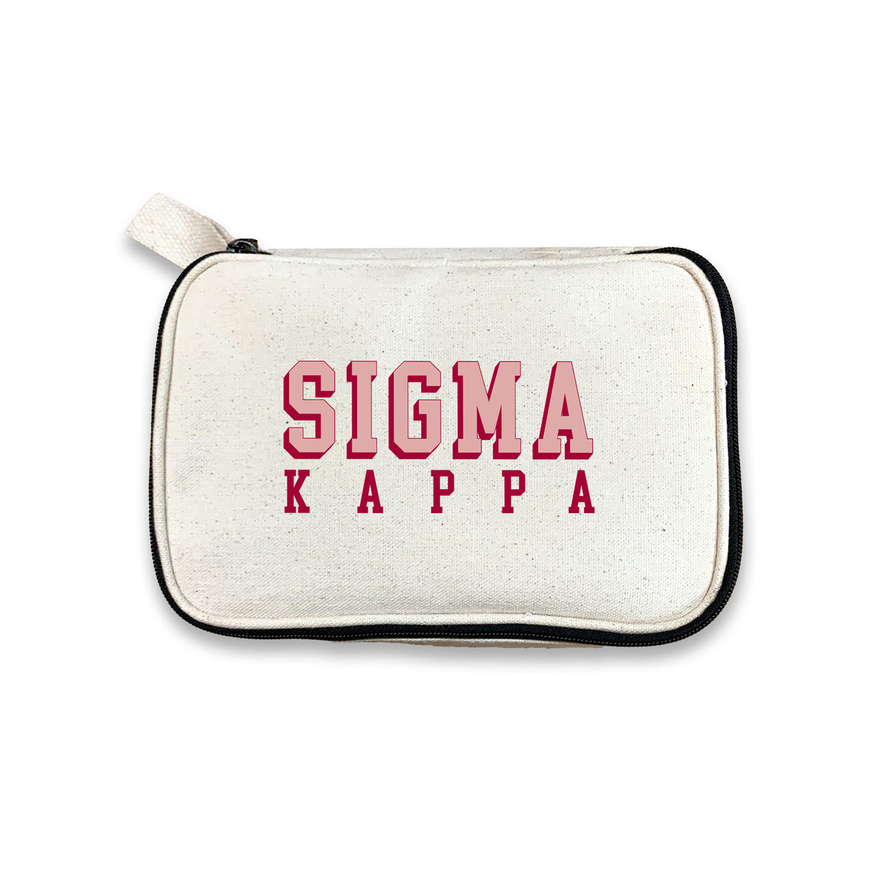 Sigma Kappa 3D Print Sorority Name Cosmetic Make Up Bag displayed on white background