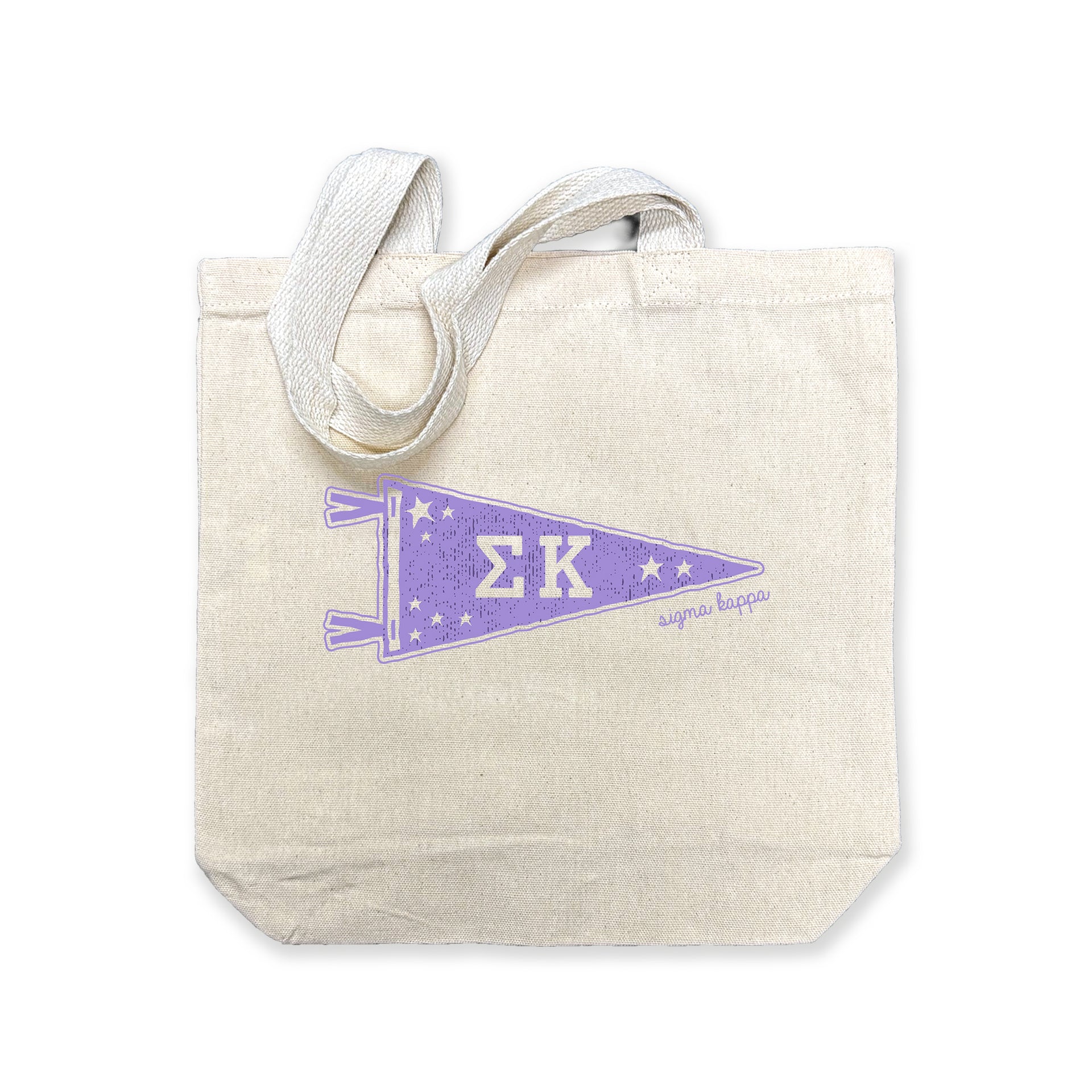 Sigma Kappa collegiate pennant medium size canvas tote bag featuring Sigma Kappa Greek letters on a white background